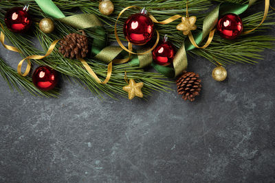 Directly above shot of christmas decorations in basket