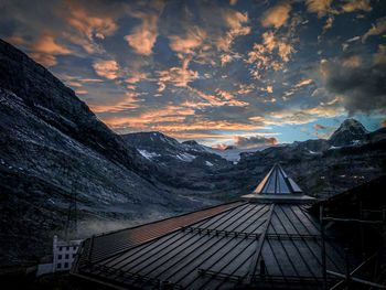 Scenic view of mountains against sky during sunset