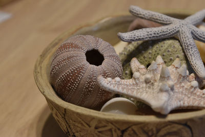 High angle view of bread in bowl on table