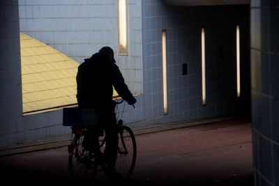 Rear view of man riding bicycle on street