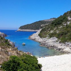 Scenic view of sea against clear blue sky