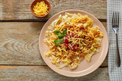 High angle view of food in plate on table