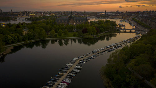 Aerial view over royal park and canal in stockholm