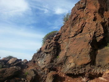 Low angle view of rock formation on mountain against sky