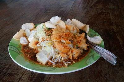 High angle view of food in plate on table