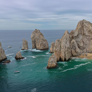 Panoramic view of sea and rocks against sky