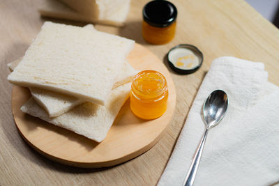 High angle view of breakfast on table