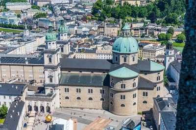 High angle view of buildings in city