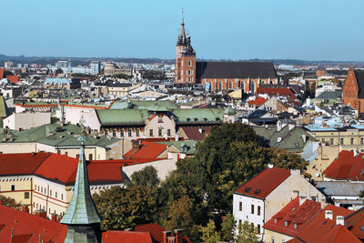 Krakow old town and mariacka basilica aerial panoramic view, rynek glowny, stare miasto, poland