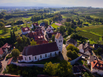 High angle view of houses in town