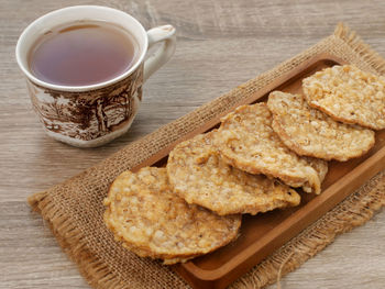 High angle view of breakfast on table