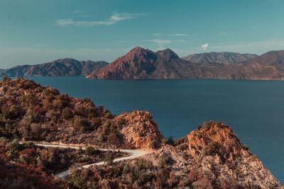 Scenic view of sea and mountains