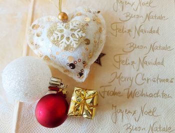 Close-up of christmas ornaments on table