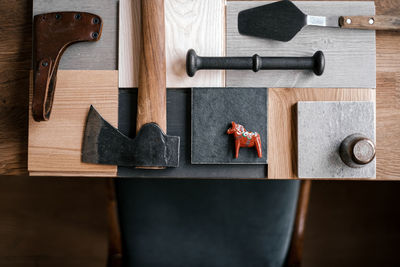 High angle view of work tools on table