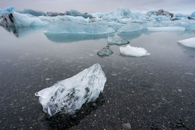 Ice floating on water in lake