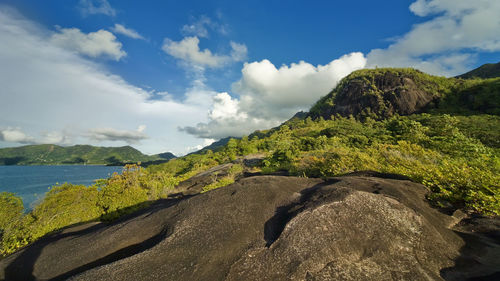 Scenic view of sea and mountains against sky