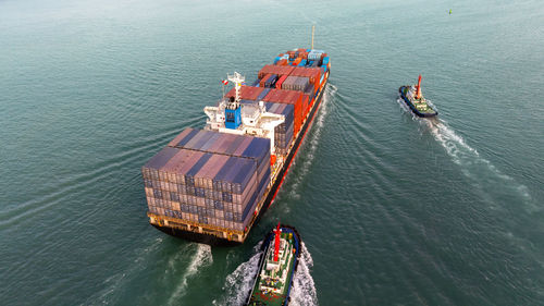 High angle view of ship in sea