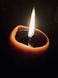 Close-up of lit candle in darkroom