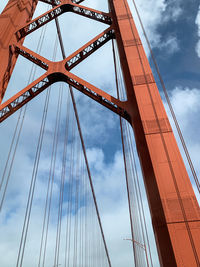 Low angle view of suspension bridge against cloudy sky