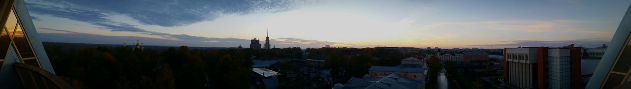 Panoramic shot of cityscape against sky during sunset