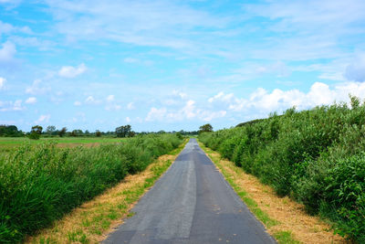 Empty road amidst field against sky