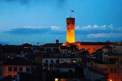 High angle view of buildings against sky at dusk