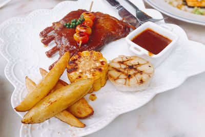 High angle view of food served on table