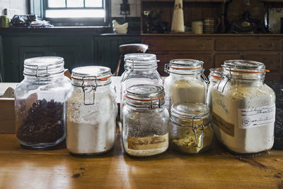 View of beer in glass jar on table