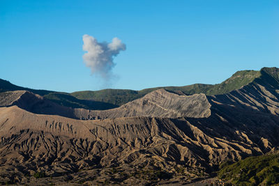 Beautiful view landscape of active volcano crater with smoke at mt. bromo, east java, indonesia.