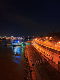 Light trails on street by sea against sky at night