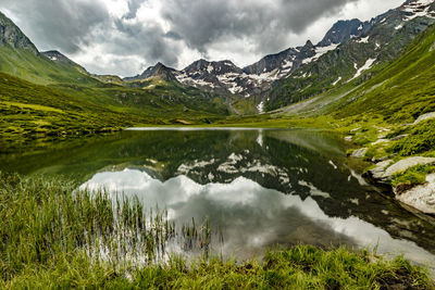 Scenic view of lake and mountains against sky