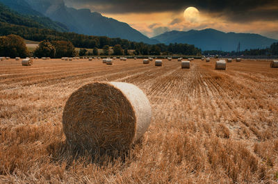 Hay bales on field against sky