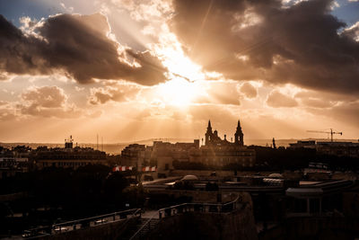 Panoramic view of buildings against sky during sunset