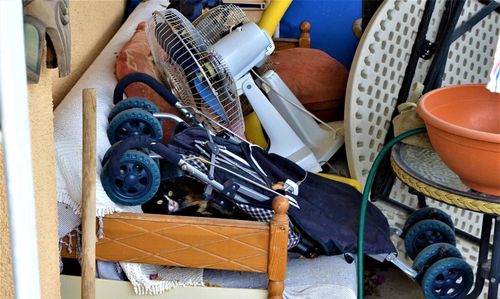 High angle view of shopping cart in crate