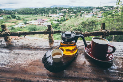 High angle view of coffee cup on table