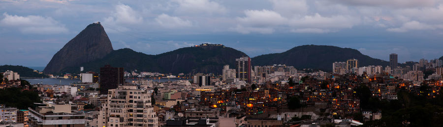 Panoramic view of city buildings against cloudy sky