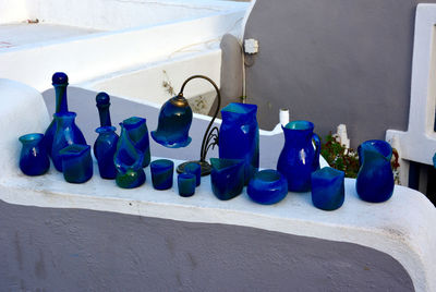 Close-up of blue bottles