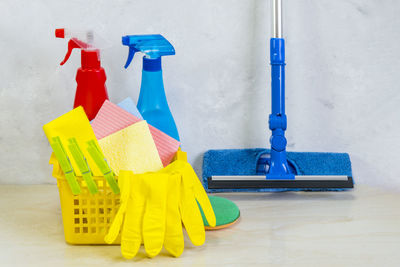 Close-up of cleaning equipment on floor