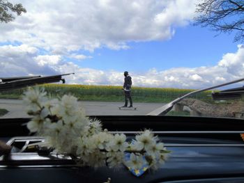 Full length of flowers on car against sky