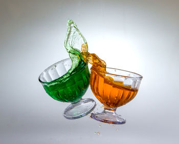 Close-up of wine glass on table against white background