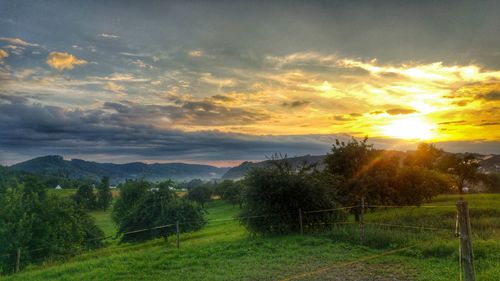 Scenic view of field against sky during sunset