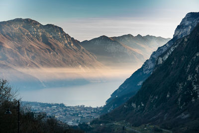 Scenic view of mountains against sky during winter