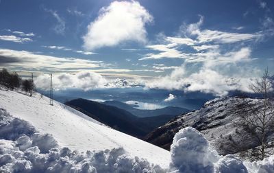 Scenic view of snowcapped mountains against sky