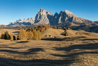 Scenic view of snowcapped mountains against clear blue sky