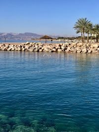 Scenic view of sea against clear blue sky