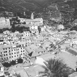 High angle view of houses in town