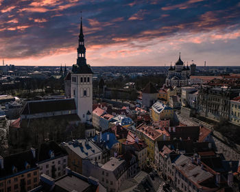 High angle view of townscape against sky during sunset