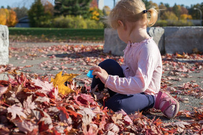 Girl playing with autumn leaves