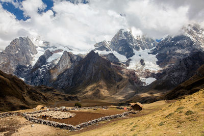 Panoramic view of snowcapped mountains against sky