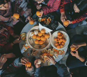 High angle view of people having food